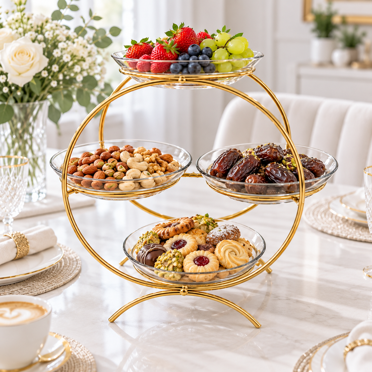 Luxury Golden 4-Tier Serving Stand without Plates Elegant Round Fruit, Dry Fruit & Dessert Organizer