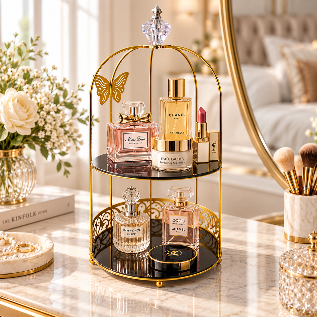 Butterfly 2 Layers Vanity Cage Organizer – Elegant Gold Makeup & Perfume Storage Stand