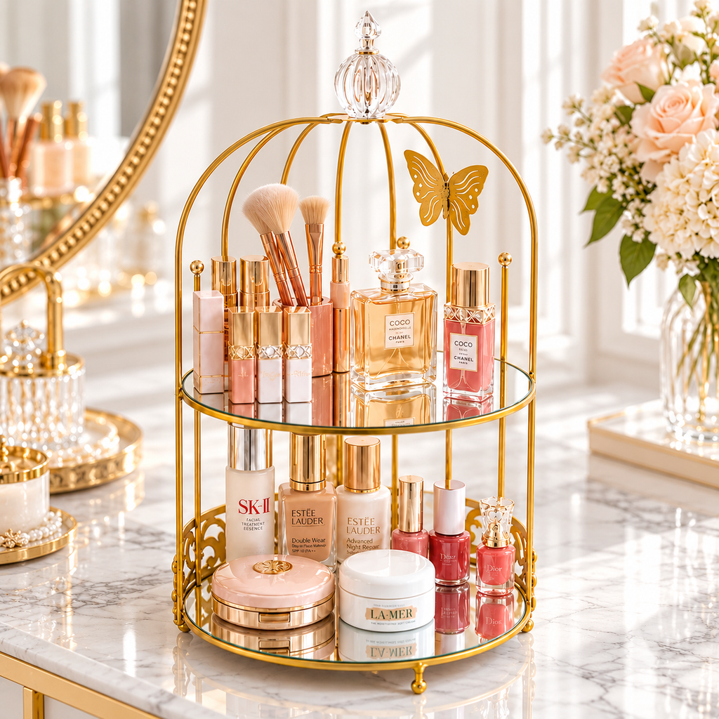 Luxury 2-Tier Golden Butterfly Cosmetic Organizer with Mirror Trays | Premium Makeup & Perfume Storage Stand